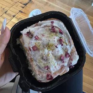 Cinnamon Roll topped with Dried Roses. Heavenly!