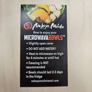 Nabeya Maido microwavabowls instruction card.