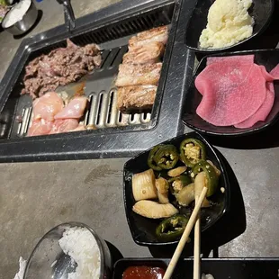 Soy garlic chicken, beef bulgogi  and pork belly