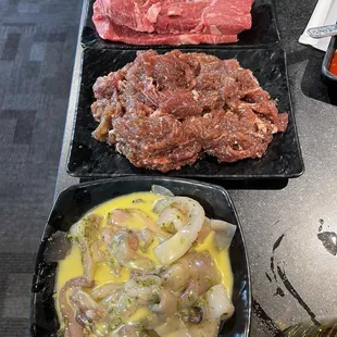 Honey, butter, squid, beef, Bulgogi, and top blade steak