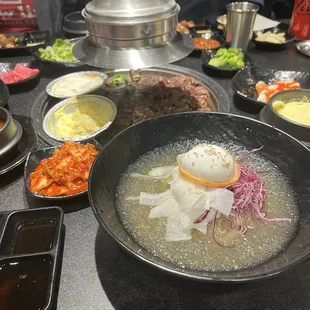 cold noodle, beef bulgogi, steamed egg, corn cheese