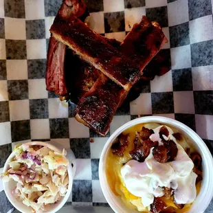 BBQ ribs, garlic mashed potatoes with candied bacon and sour cream and cole slaw.  The drive is worth it to Randolph MN