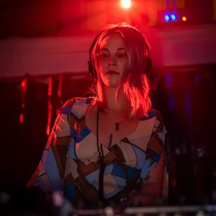 a woman with headphones on