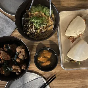 Bao, sesame peanut noodles, and popcorn chicken