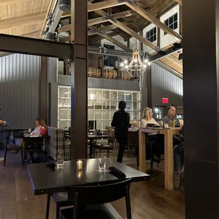 Restaurant dining room. The outdoor fireplace is just out the garage door