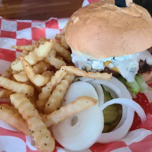 Bleu burger with fresh hot fries