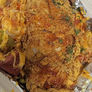 Fried red snapper and jambalaya