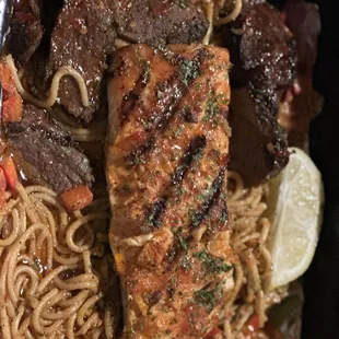 Garlic noodles with salmon and steak!