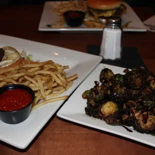 Crispy Brussel sprouts. They were so good and light and crispy, and my cheese burger with a fried egg was so good along with the fries.