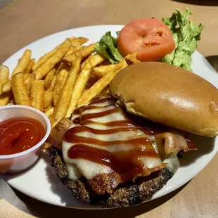 BBQ bacon cheeseburger with fries