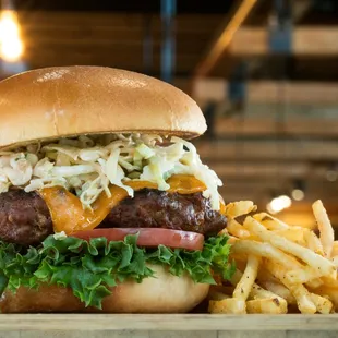 a hamburger and fries