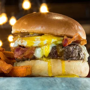 a cheeseburger and fries