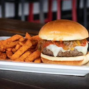 a cheeseburger and fries