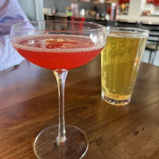 Proper Cosmo and a dry cider on tap. Happy hour pricing $6
