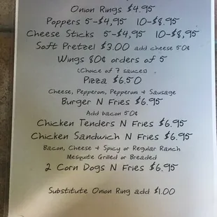 Basic bar food menu.