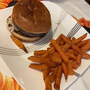 Burger and Sweet Potato Fries