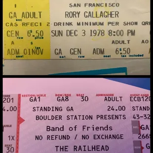 40 years! Top: my ticket stub to see Rory from forty years ago. Bottom: my ticket stub for tonight's Band of Friends show.