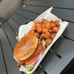 Buffalo Chicken Sandwich with Sweet Potato Tots