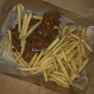 Chicken tenders and fries. Tasted better than it looks in the box :)