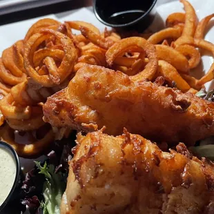 Rambler fish and chips with an upgrade to curly fries. Their homemade tarter is very good too.