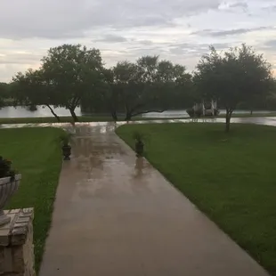 Front view from the Main House overlooking pond and gazebo.