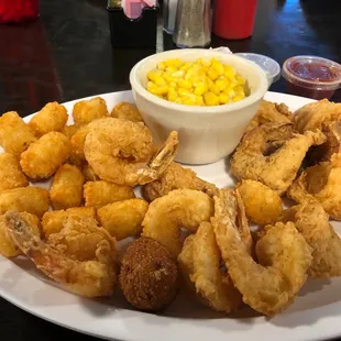 Shrimp, tater tots, corn