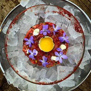 "Tiger Meat", Charred Ramps, Spruce Tip Aioli, Wood Violet Flowers, Quail Egg