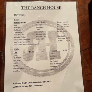 the menu for the ranch house
