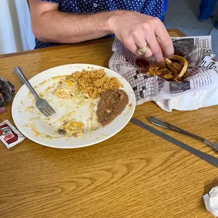 I always forget to take photos until we are done! Meme's green chili chicken enchiladas and a cheeseburger with fries. All amazing!!