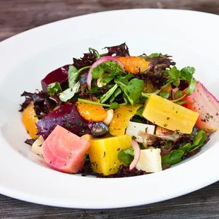 HEIRLOOM BEETS SALAD, Baby Spinach, Marcona Almonds, Spanish Manchego, Red Flame Grapes, Navel Orange Vinaigrette, $15