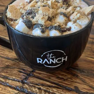 S&apos;more&apos;s Ghirardelli Hot Chocolate; toasted marshmallow flavoring, toasted marshmallows, chocolate syrup, graham cracker crumbs