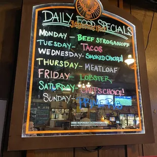 Daily specials list