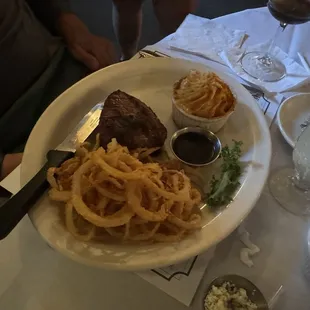 Petite filet (comes with crispy onions) &amp; twice baked potato casserole