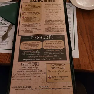 a menu for desserts