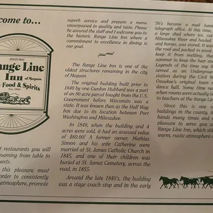 The placemat and story of the restaurant.