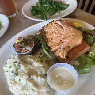 Cedar plank salmon, garlic mashed potatoes and spinach.