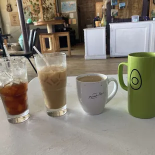 From left to right: iced Americano, iced butterscotch latte, hot white chocolate mocha with raspberry, hot butterscotch latte