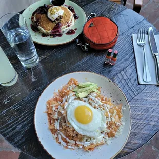Chilaquiles and blueberry pancakes