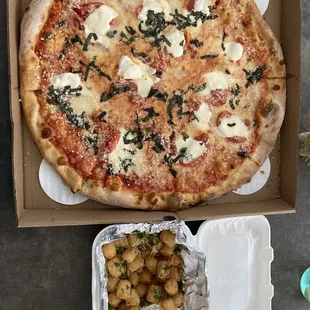 Margherita pizza and Parmesan Truffle Tots