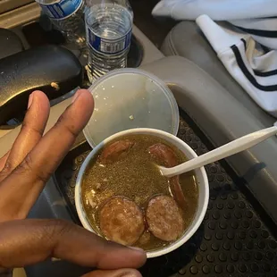 a bowl of soup and a spoon