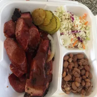 Brisket, Sausage, Cole Slaw, and Beans