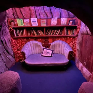 Reading nook with books you can pull off the shelf and read
