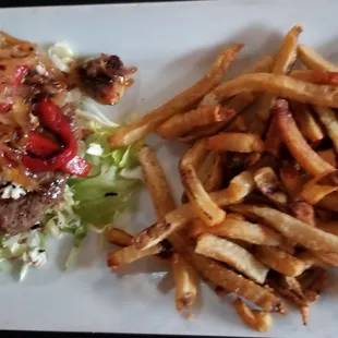 Blue Burger with Blue Cheese, Sauteed Onions, Lettuce, Mushrooms, and Roasted Red Peppers with fries