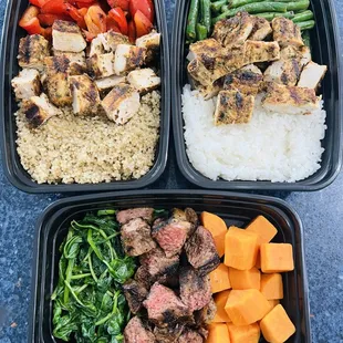 a meal of meat, rice, and vegetables