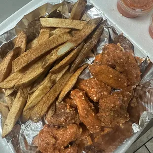chicken wings and fries