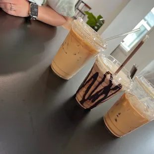 (Left to right) Carmel Macchiato, Mocha Frappe, Carmel Cappuccino