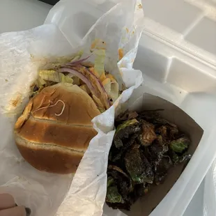 Chicken sandwich and fried brussel sprouts