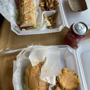 Steak sandwich and fries, cheeseburger and cheesy potatoes