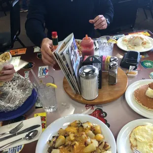 breakfast burrito, skillet, and train wreck
