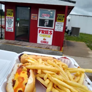 Chili Cheese Dog, Keilbasa, and fries.